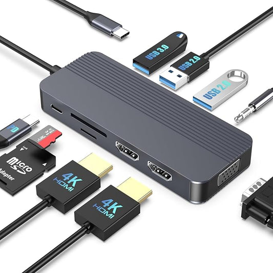 Docking Station Dual Monitor, 10-in-1 USB C Hub with Dual 4K HDMI, VGA, 100W PD, 1 x USB 3.0, 2 x USB 2.0, SD/TF Card Reader, 3.5mm Audio, Ideal for HP/Dell/Lenovo/Mac Laptops