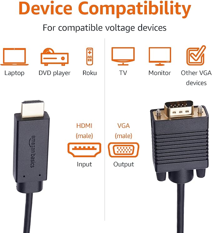 Amazon Basics HDMI to VGA Cable, 1080P, Gold-Plated, 6 feet, Black