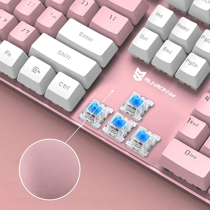104 Keys Full Size Mechanical Keyboard | Blue Switch, Pink & White Color 104 Keys US Layout Led Backlit Hot Swappable Wired Mechanical Light Up Pink Keyboard | Wired Gaming Computer Keyboards