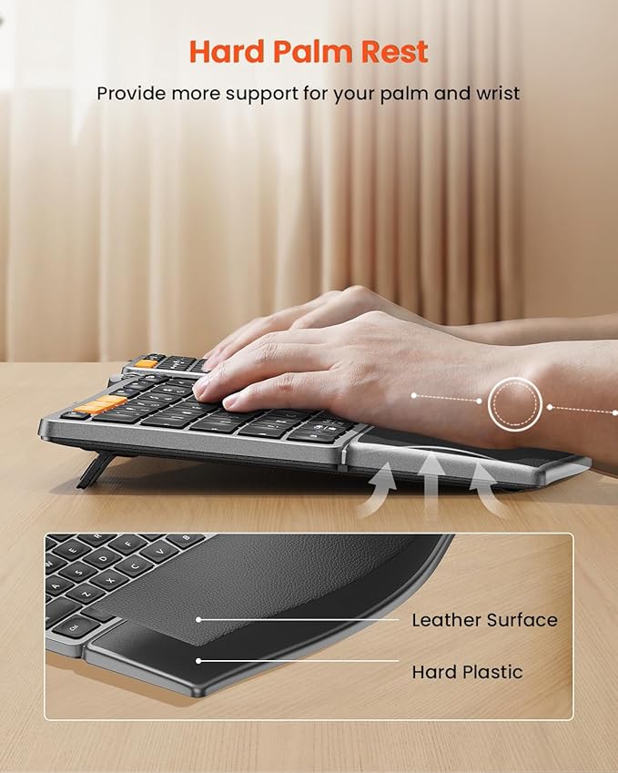 ProtoArc Bluetooth Ergonomic Keyboard, Wireless Ergonomic Keyboard with Separate Number Pad, Dual Bluetooth and USB, Hard Palm Rest, Split Design, Rechargeable for Windows/Mac/Android