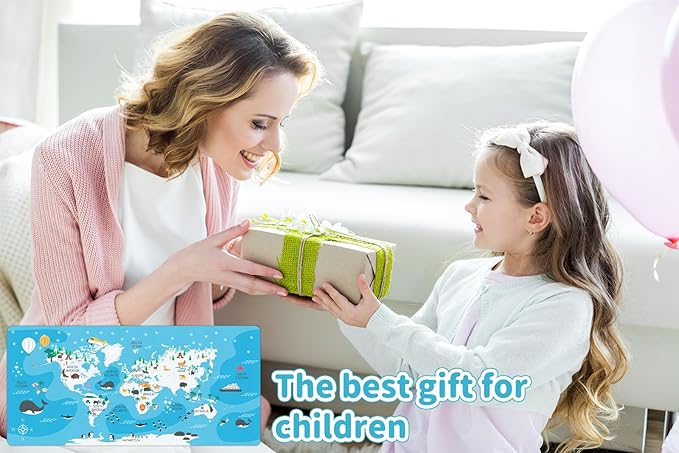 Kid's Desk Mat Cute Early Education Leather Desk Mat, Kawaii Blue Toddler World Map Waterproof Desk Writing Pad, Large Keyboard and Mouse Mat for Classroom/Kindergarten(31.5" X 15.7")