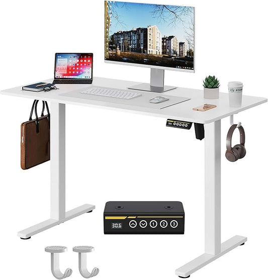 Electric Standing Desk,40x24 Inches Adjustable Height Stand up Desk, Sit Stand Home Office Desk with Splice Board, 3 Preset Heights,Equipped with Hooks,Ergonomic Computer Desk Workstation，White