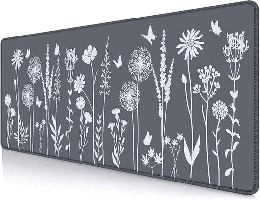 IMAYONDIA Cute Sage Gray Desk Mats Mousepad, Plant Floral Anime Mousepad Deskmat, Aesthetic Desk Pad, Minimalist Grey White Leaves Large Gaming Mouse Pad, Decor Accessories, 31.5 X 11.8