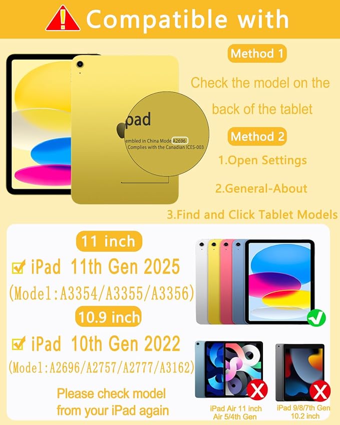 Case with Keyboard Mouse for iPad A16 11th 10th Generation 11/10.9 inch,Rainbow Backlit Detachable Keypad Rotatable Magnetic Cover with Pencil Holder for iPad 11 2025 10 Gen 2022 Yellow
