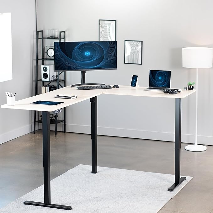VIVO Corner Standing Desk, 75 x 63 inch Reversible L-Shaped Workstation, Electric Height Adjustment, Home, Office, and Reception Rooms, Light Wood Table Top Black Frame, DESK-E3CTBC-75
