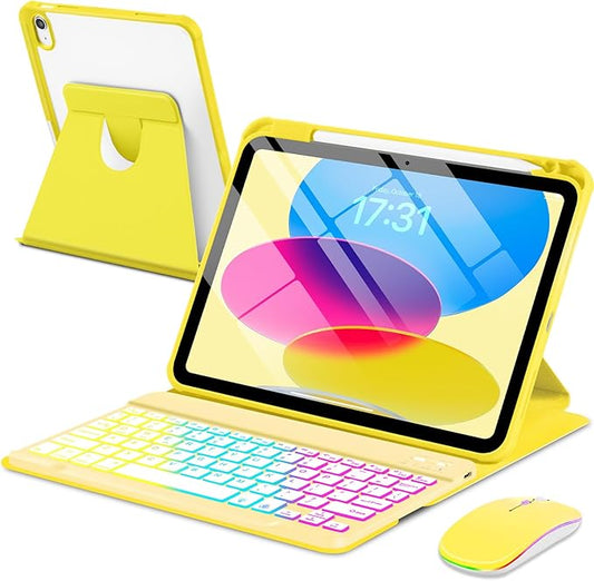 Case with Keyboard Mouse for iPad A16 11th 10th Generation 11/10.9 inch,Rainbow Backlit Detachable Keypad Rotatable Magnetic Cover with Pencil Holder for iPad 11 2025 10 Gen 2022 Yellow