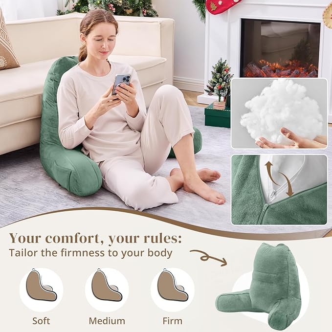 Sasttie Reading Pillow for Bed - 23 Inch, Back Pillow for Bed Sitting Up, Back-Rest Support Cushion with Side Pockets and Arms, Dorm Essentials, Oeko-Tex Certified, Sage
