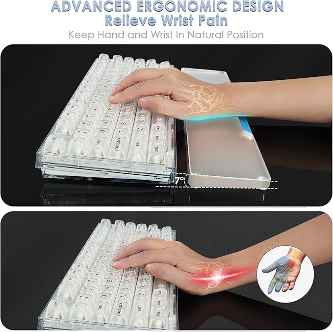 Acrylic Gaming Keyboard Wrist Rest,Clear Ergonomic Palm Rest with Anti-Slip Base,Customized Metal CNC Aluminum Alloy Logo for Compact 80% Computer Keyboard,Office,PC Gaming,Laptop,Mac,Easy Typing-Blue