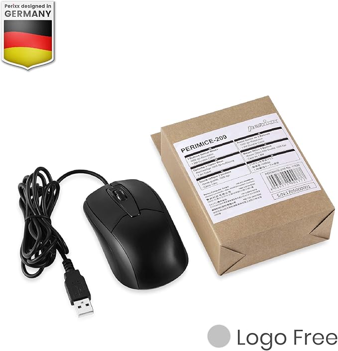 Perixx PERIMICE-209 3 Button USB Wired Mouse - Optical - 1000 DPI - 5.9 Ft Cable - Black