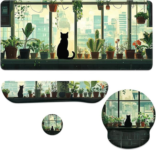 Cute Cat Mouse Pad Set Green Plants Cartoon Anime City Gaming Mousepad 4in1 Desk Mat for Desktop Wrist Support Cup Coaster Set Ergonomic Computer Desk Arm Wrist for Decor Home Office