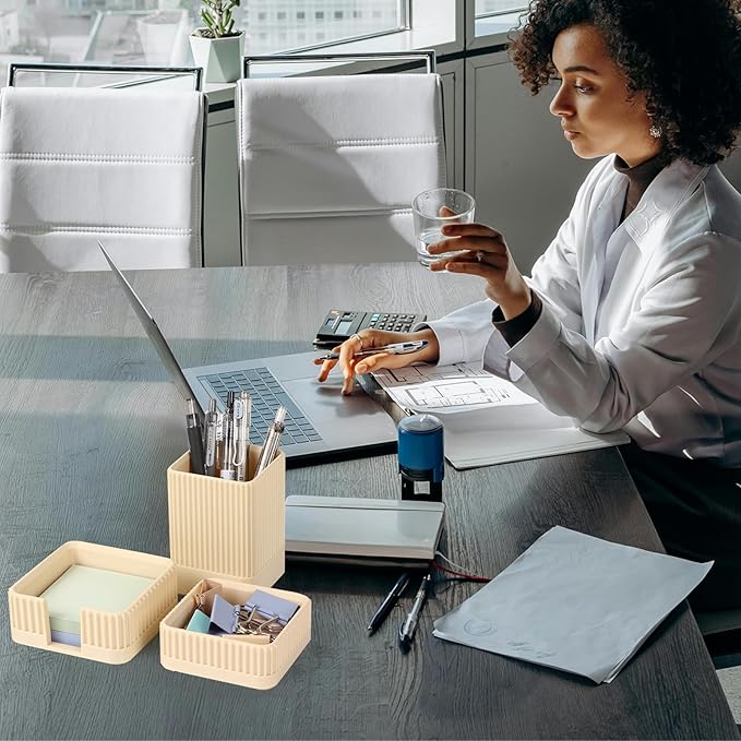 Aesthetic Desk Organizers and Accessories Set of 3 with Pen Holder,Paperclip Holder,Sticky Note Holder - Durable Plastic Pencil Holder for Office Women Men-Teacher Appreciation/Back-to-school Gift
