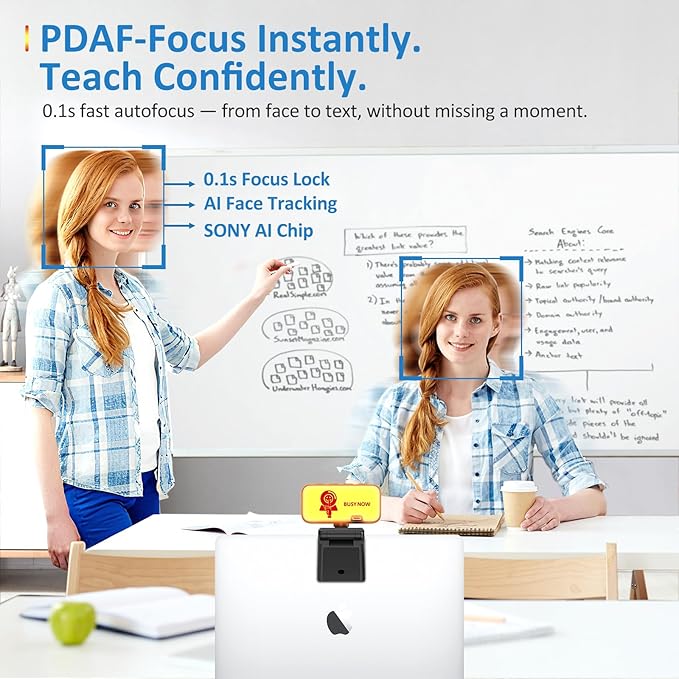 4K Webcam with Light for PC & Laptop & Mac, Computer Camera with AI PDAF AutoFocus, Four Physical Controls Buttons, Adjustable Webcam Light, Privacy Cover for Remote Work