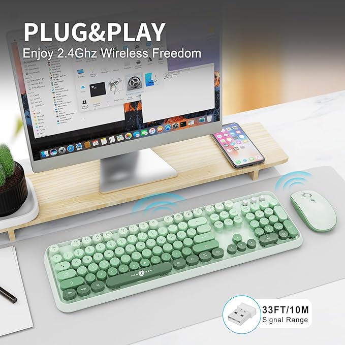 Sage Green Wireless Keyboard and Mouse Combo, Retro Typewriter Style Cute Bubble Keyboard with Round Keys, 2.4GHz Full Size Computer Keyboard and Mouse with 3 DPI for PC Laptop Windows (Mint Green)