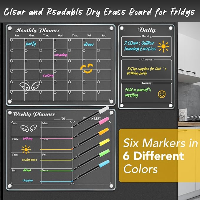 DIYMAG Magnetic Calendar for Refrigerator 3 PCS Dry Erase Whiteboard 15.2"x11.2" Magnet Fridge Monthly Weekly Daily White Board Planning Acrylic Clear Apartment Decor Meal Planner with 6 Colors Markers