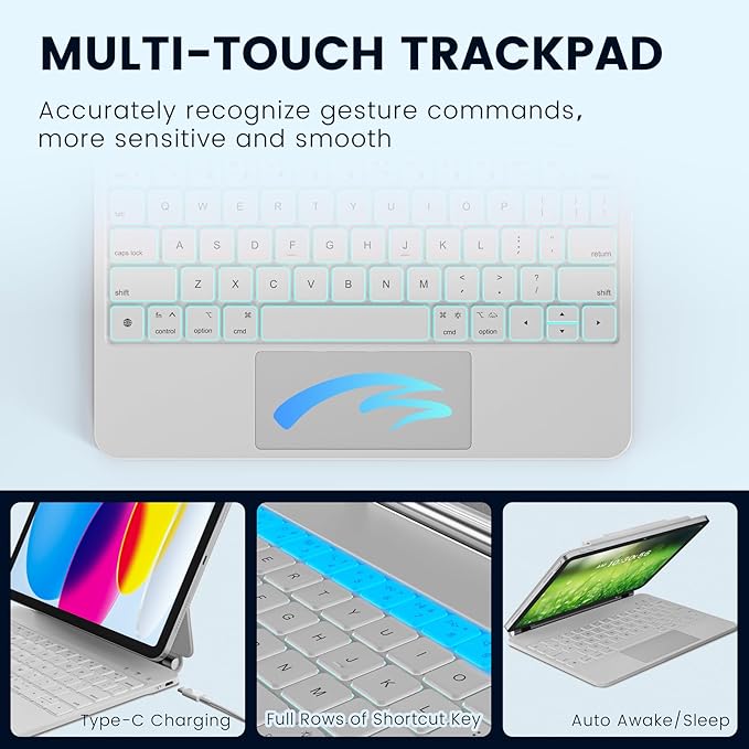 for iPad 11th(A16, 2025)/10th Generation Case with Keyboard, Magic Keyboard 2022, Springy Backlit Keys, Stain-Resistant Surface, Multi-Touch Trackpad, White