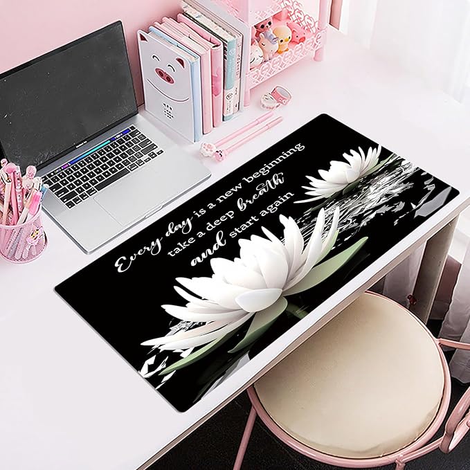 LB Black and White Floral Mouse Pad Plant Flower with Inspirational Quotes Large Mouse Pad for Desk Modern Aesthetic Desk Pad for Office and Home Non-Slip Rubber Base Mouse Mat 15.75L X 31.5W Inch