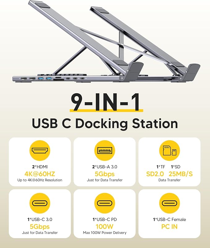 USB C Laptop Docking Station Stand, Dual Monitor 4K@60Hz, 9 in 1 USB C Hub with 2 HDMI, 2 USB 3.0, PD 100W, Universal Dock Station for MacBook Pro/Air/Dell/HP/Surface/Lenovo