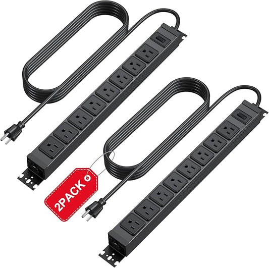 HHSOET 2 Pack Metal 360° Rotating Mountable Power Strip, 8 Outlet Gaming Table Mounted Long Power Strip, Heavy Duty Wall Mount Surge Protector with Switch,1200J,15A 125V 1875W, 3ft Power Cord.(Black)