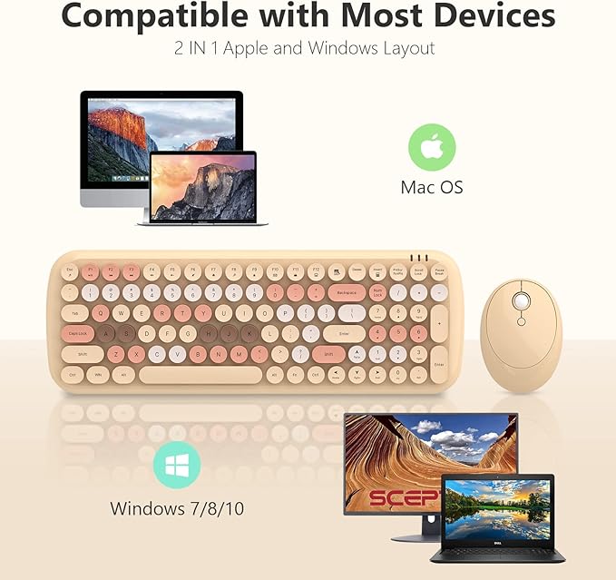 MOFII Wireless Keyboard and Mouse Combo, Full-Size Retro Typewriter-Style Wireless Keyboard with Optical Mouse for Computer/Laptop/Windows/Mac (Milk Tea Colorful-B)