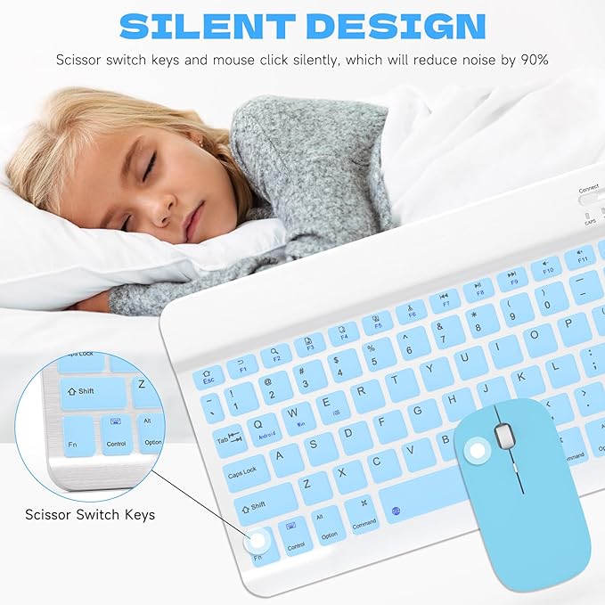 Bluetooth Keyboard and Mouse Combo, Qwert Layout Universal Ultra-Slim Wireless Keyboard Mouse Set for Android Windows iPad iPhone Samsung Tablet Portable Compact Keyboard Set, Light Blue