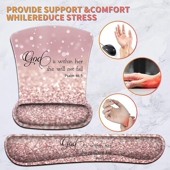 Keyboard Wrist Rest Pad and Ergonomic Mouse Pad Wrist Support Set Psalm 46:5 God is Within Her,She Will Not Fall Pink Design for Gaming, Office, Comfortable and Pain Relief with Coaster Set