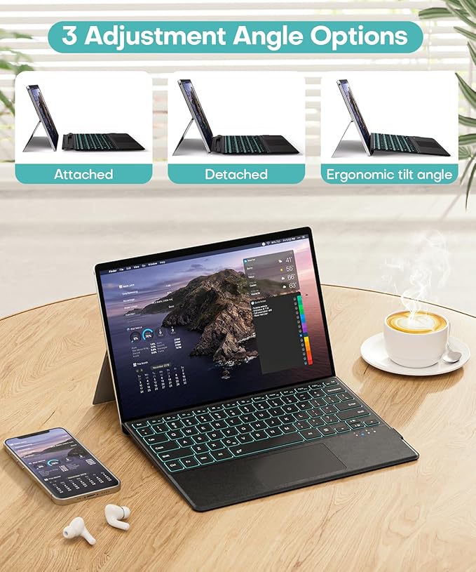 Surface Pro Keyboard for Microsoft Surface Pro 7/6/5/4/3 7 Plus 12.3 inch, 7 Color Backlit Wireless Type Cover, Bluetooth Ultra-Slim Portable Ergonomic Keyboard with Trackpad, Rechargeable Battery