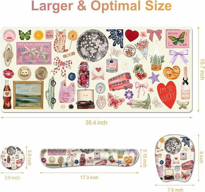 Beige Mouse Pad with Wrist Support 4 in1 Set, XXL Big Game Mousepad + Keyboard Wrist Rest + Mouse Wrist Rest Pad +Coaster Gaming Mat for Home Office Work Computer I Cute Design Stickers