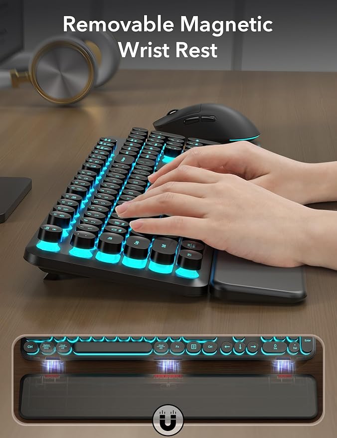 Wireless Keyboard and Mouse Backlit - Typewriter Keyboard with Magnetic Wrist Rest, Retro Round Keycaps, Light Up Letters, 2.4GHz Cordless Combo for Mac, Windows, PC, Laptop, Trueque CK24 [Upgraded]