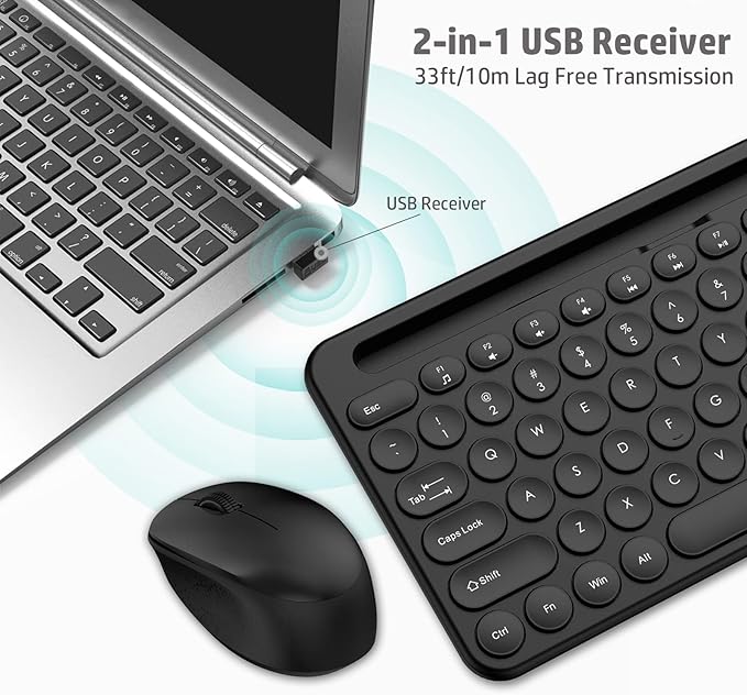 LeadsaiL Wireless Keyboard and Mouse, Full-Sized Ergonomic Computer Keyboard with Phone Tablet Holder, 2.4GHz Silent Cordless Keyboard Mouse Set for Windows Laptop, PC, Desktop - Black