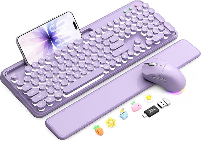 Wireless Keyboard and Mouse Combo - Backlit Typewriter Keyboard with Magnetic Wrist Rest & Phone Holder, Light Up Round Keys, 2.4GHz Cordless Set for Mac, Windows, PC, SABLUTE (Soft Lilac)