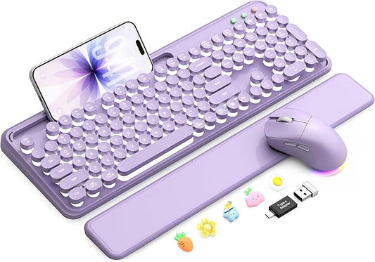Wireless Keyboard and Mouse Combo - Backlit Typewriter Keyboard with Magnetic Wrist Rest & Phone Holder, Light Up Round Keys, 2.4GHz Cordless Set for Mac, Windows, PC, SABLUTE (Soft Lilac)