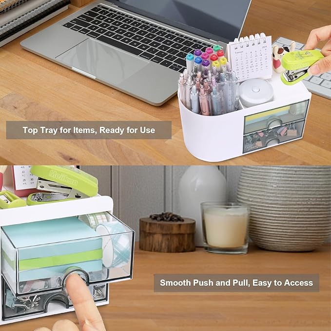 Desk Organizer with Drawer, Pen Organizer for Desk, Small Pencil Holder, Desk Organizers and Accessories for Office Home Storage (2 Drawers+4 Compartments, White)