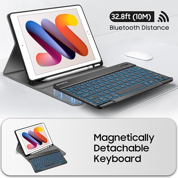 FINTIE Backlit Keyboard Case for iPad 9th / 8th / 7th Generation (2021/2020/2019) 10.2 Inch, Soft TPU Back Cover with 7 Colors Backlight Magnetically Detachable Bluetooth Keyboard, Composition Book