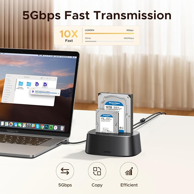 UGREEN Dual-Bay Hard Drive Docking Station for 2.5 & 3.5 SSD HDD Up to 48TB , USB C 3.0 to SATA I/II/III Hard Drive Enclosure Reader with Offline Clone and Duplicator Function Tool Free Installation