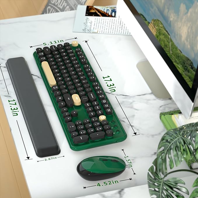 Colorful Wireless Computer Keyboards Mouse Combos, Cute Retro Typewriter Keyboard with Round Keycaps, 2.4 GHz 104 Keys Full-Sized USB/Type C Receiver Keyboard and Optical Mouse（Dark Green）