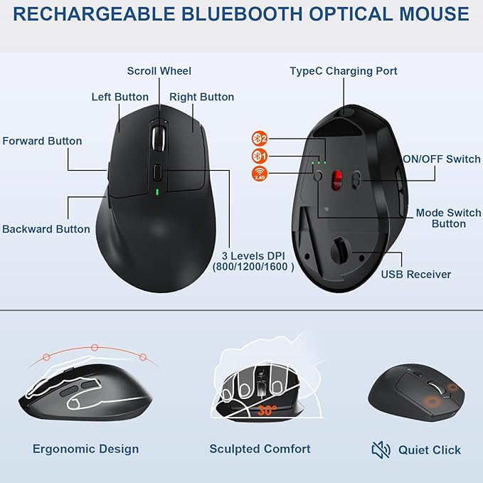 Ergonomic Wireless Keyboard and Mouse, MK835 Ergo Bluetooth/2.4G Split Design Keyboard Mouse Combo with Cushioned Palm Rest, Multi-Device, Wave Keys, Rechargeable, for Windows/Mac/Android
