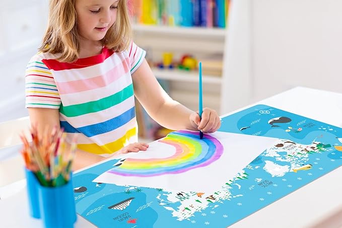Kid's Desk Mat Cute Early Education Leather Desk Mat, Kawaii Blue Toddler World Map Waterproof Desk Writing Pad, Large Keyboard and Mouse Mat for Classroom/Kindergarten(31.5" X 15.7")