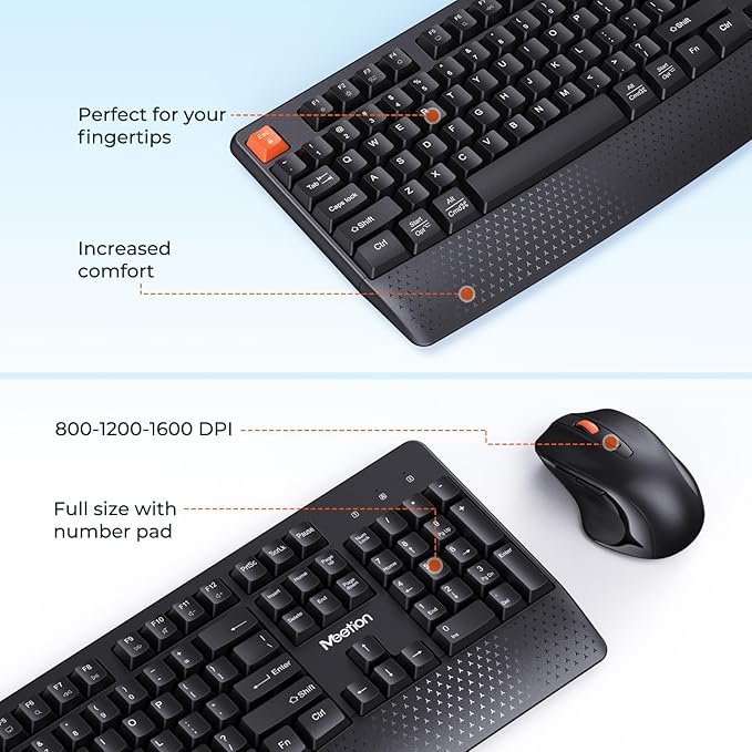 MEETION New Wireless Keyboard and Mouse, Computer Keyboard Mouse Combo, 3 DPI Adjustable Mouse Full-Sized Cordless Keyboard, for PC/Computer/Laptop/Windows/Mac, Black New 2025