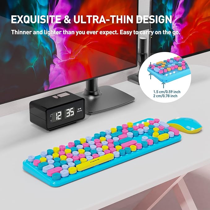 Cute Retro Wireless Keyboard and Mouse Combo, Colorful Typewriter Keyboard with Round Keycaps, 2.4GHz Multi-Color Hybrid Bubble Keyboard for Women, Funky Blue Computer Keyboard for PC Laptop Office