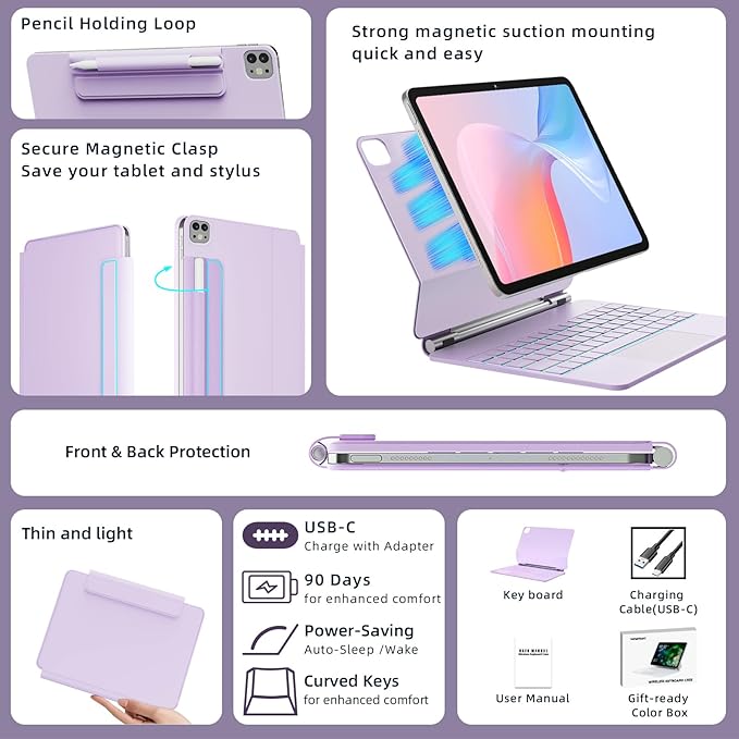 for iPad Air 11 inch Case with Keyboard (M4/M3/M2, 2026/2025/2024), iPad Pro 11 (4th/3rd/2nd/1st Gen) & Air 5/4th Magic Keyboard Case, 11 Colors Backlit, Multi-Touch Trackpad, Purple