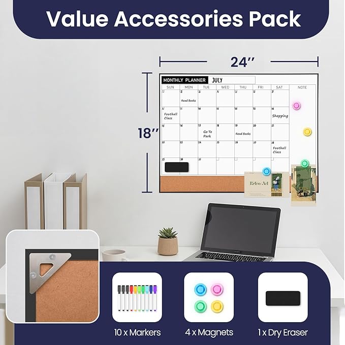 Dry Erase Calendar Cork Board Combo, 18 x 24 Inches Monthly Calendar Whiteboard for Wall, Magnetic White Board with Aluminium Alloy Frame, Hanging Dry Erase Board for Planner Office Kitchen Home Memo
