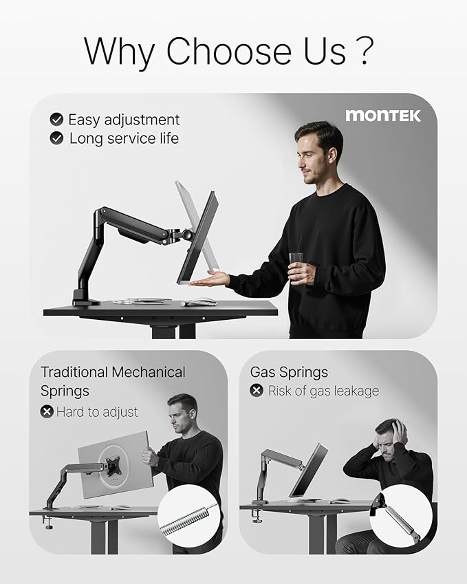 monTEK Deluxe Monitor Arm for 17 to 40 Inch Curved Screens with Cable Management Aluminum Fully Adjustable Single Monitor Arm with Clamp/Grommet, Quick Release Plate,75x75/100x100 VESA