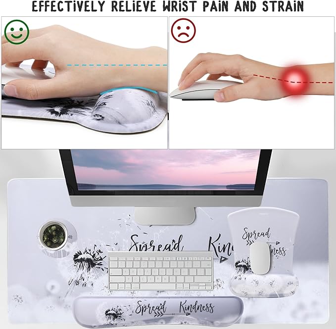 MEGREZ 4-in-1 Ergonomic Memory Foam Wrist Rest Set, Desk Pad, Mouse Pad with Wrist Rest, Keyboard Pad, Suitable for Office Workers, Programmers & Gamers–Relieve Typing & Gaming Fatigue, Gray Dandelion