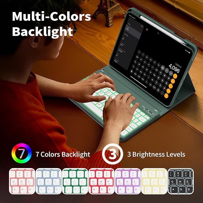 for iPad (A16) 11th Generation 2025 11-inch/10th Generation 2022 10.9 inch with Keyboard, 7 Colors Backlit Square Keycaps, Detachable Wireless Bluetooth Keyboard Case with Pencil Holder,DarkGreen