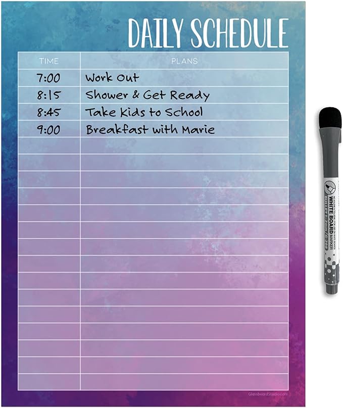 Dry Erase Daily Schedule Planner Sticker Decal by Glassboard Studio | Removable & Reusable | Magnetic Fine-Tip Marker Included (9 x 12 inches, Watercolor)