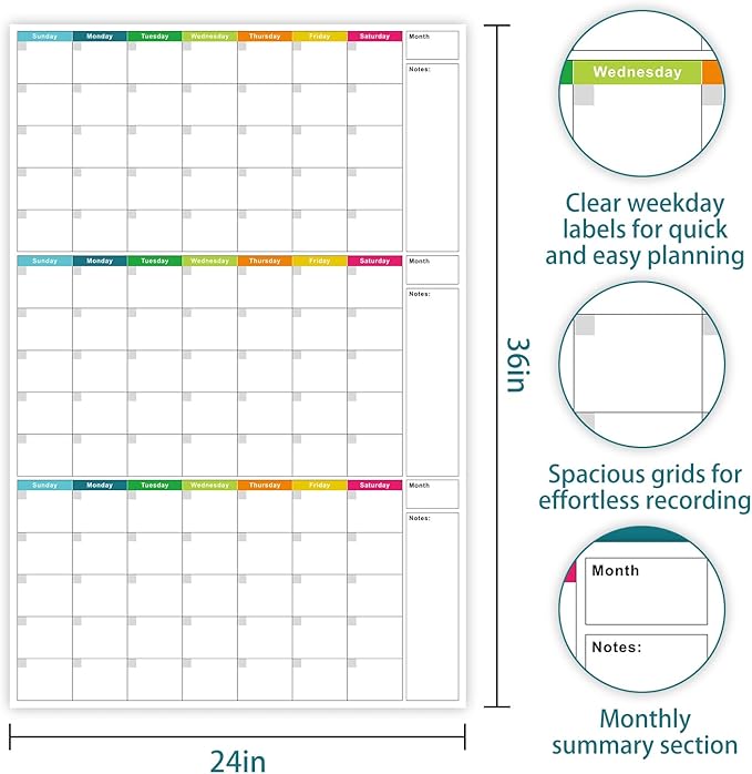 Dry Erase Calendar for Wall 24" x 36" - Undated 3 Month Wall Calendar Dry Erase Reusable Whiteboard Calendar, Vertical Erasable Monthly Planner for Home Office School Planning