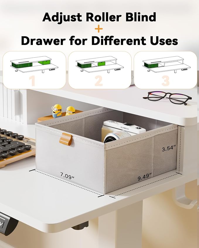 JOY worker Small Electric Standing Desk, 35" x 25" Height Adjustable Desk with Built-in Monitor Stand & Storage Drawer, White Sit Stand Table with 2 Hooks for Home Office