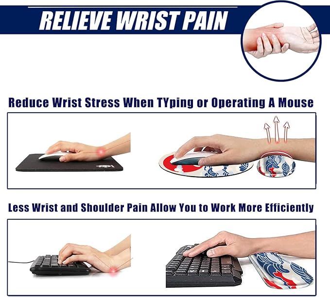 Sea Wave Keyboard Wrist Rest and Mouse Pad with Wrist Support Memory Foam Keyboard Rest Wrist Pad Set for Computer Ergonomic Mousepad Carpal Tunnel Typing Pain Relief Non-Slip Base