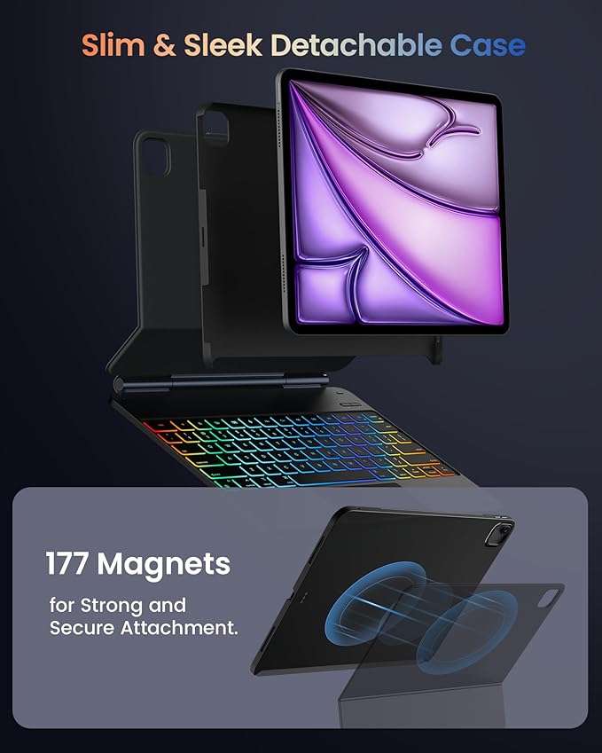 typecase Edge+ Keyboard Case for iPad Air 13"(M4/M3/M2, 2026/2025/2024) & iPad Pro 12.9"(3/4/5/6th Gen), Ultra-Slim Detachable Case, Portrait & Typing Modes, 11-Color Backlight, Magnetic Stand, Black