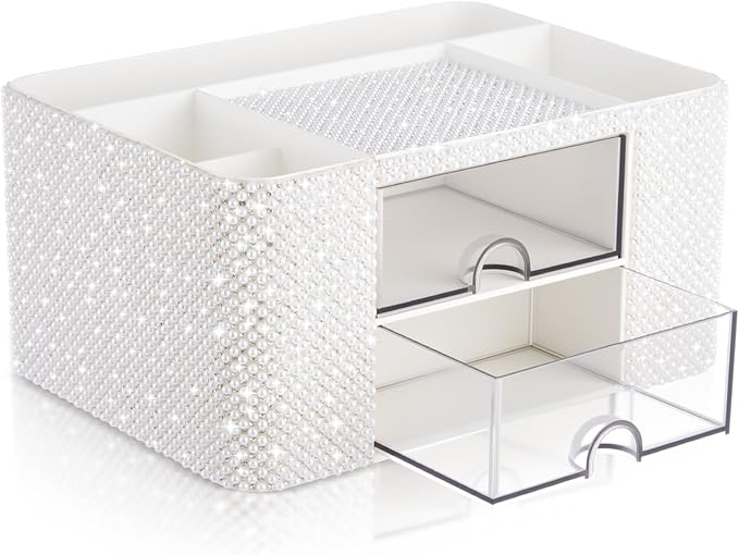 White Bling Desk Organizer with 2 Drawer, Sparkly Makeup Organizer for Vanity, Girly Desk Accessories, Rhinestone Pen Holder, Elevate Your Workspace with White Serenity (Pearl)